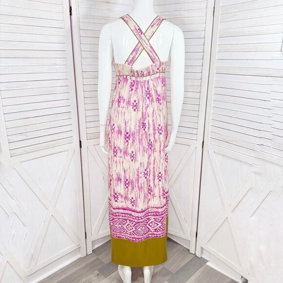 Loft Silk Ikat Tribal Print Maxi Dress Sundress Pink Cream Size 2 - Picture 6 of 15